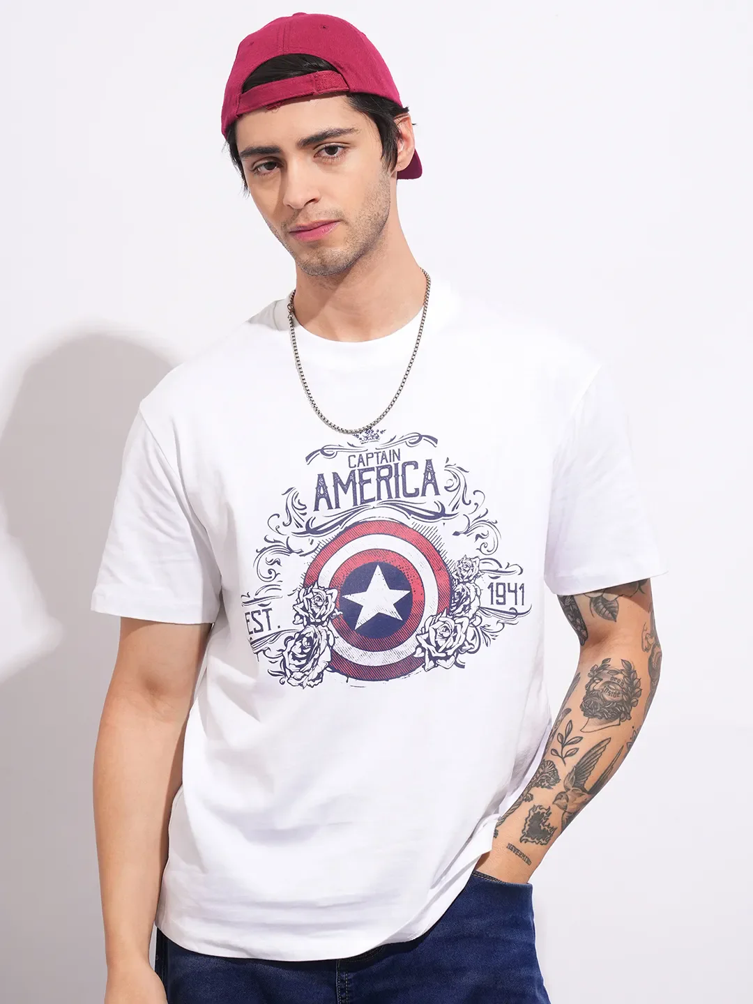 Captain America White Easy Fit Round Neck Men's T-Shirt by Being Human Clothing - Image 6