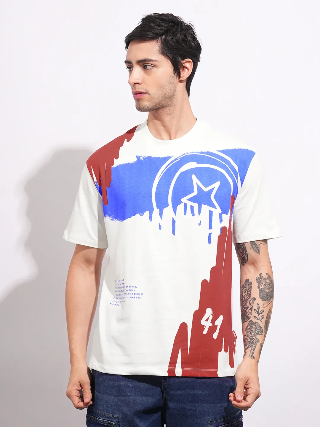 Captain America Ecru Easy Fit Round Neck Men's T-Shirt by Being Human Clothing