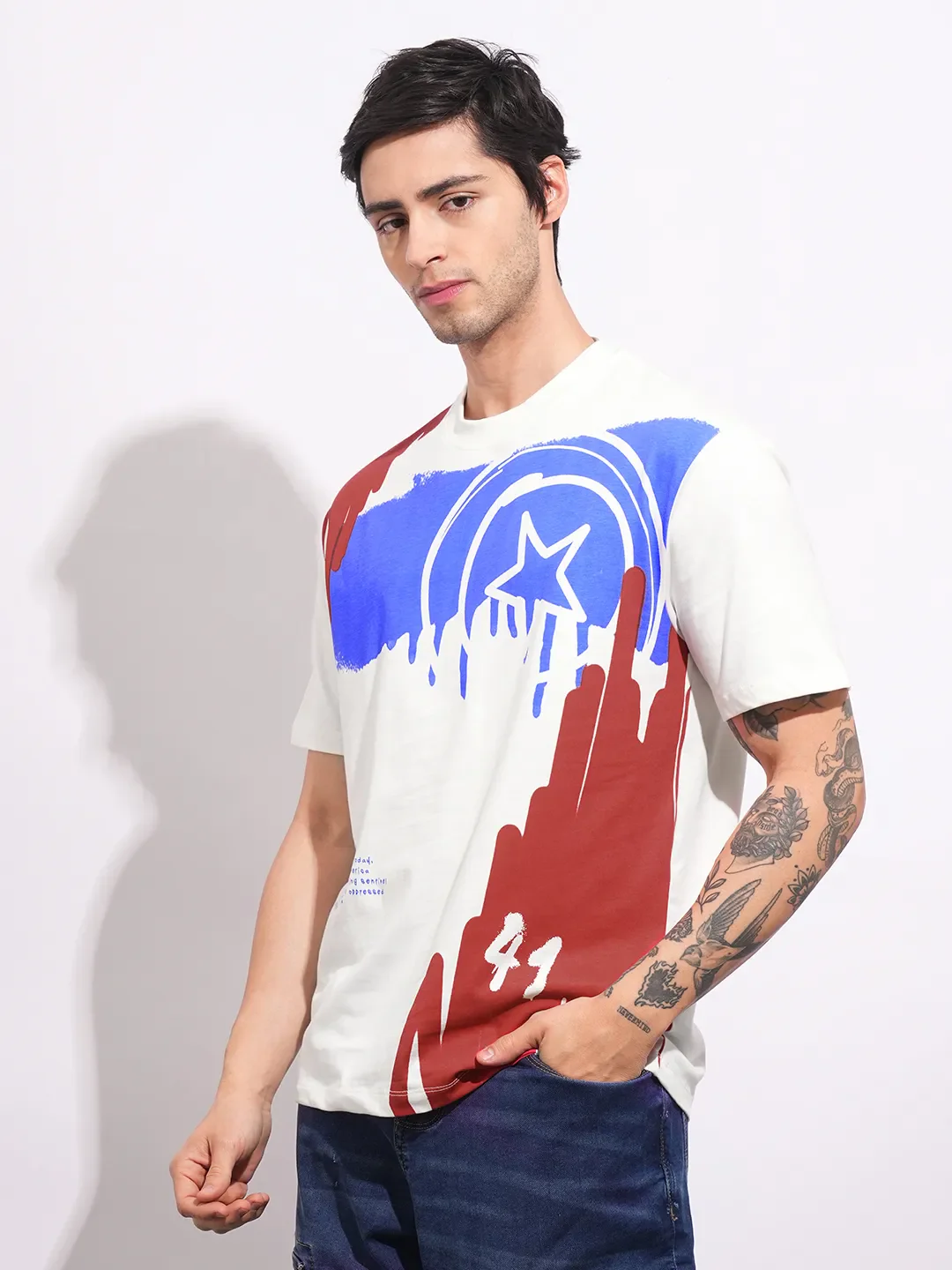 Captain America Ecru Easy Fit Round Neck Men's T-Shirt by Being Human Clothing - Image 2