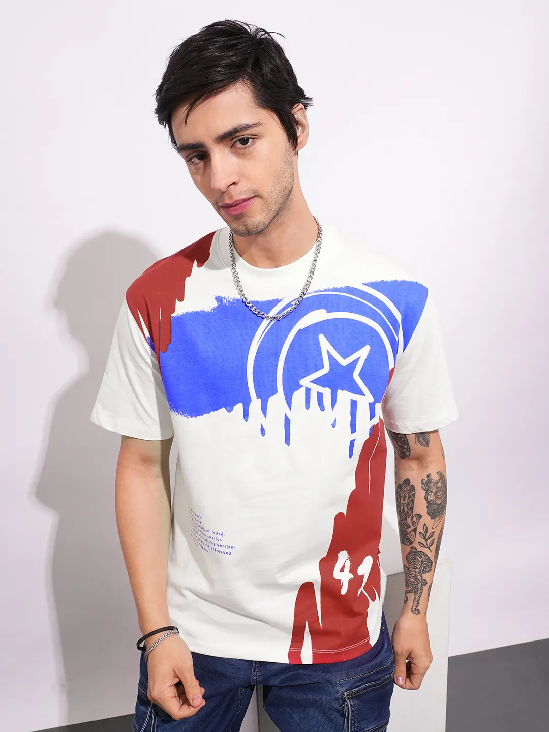 Captain America Ecru Easy Fit Round Neck Men's T-Shirt by Being Human Clothing - Image 6