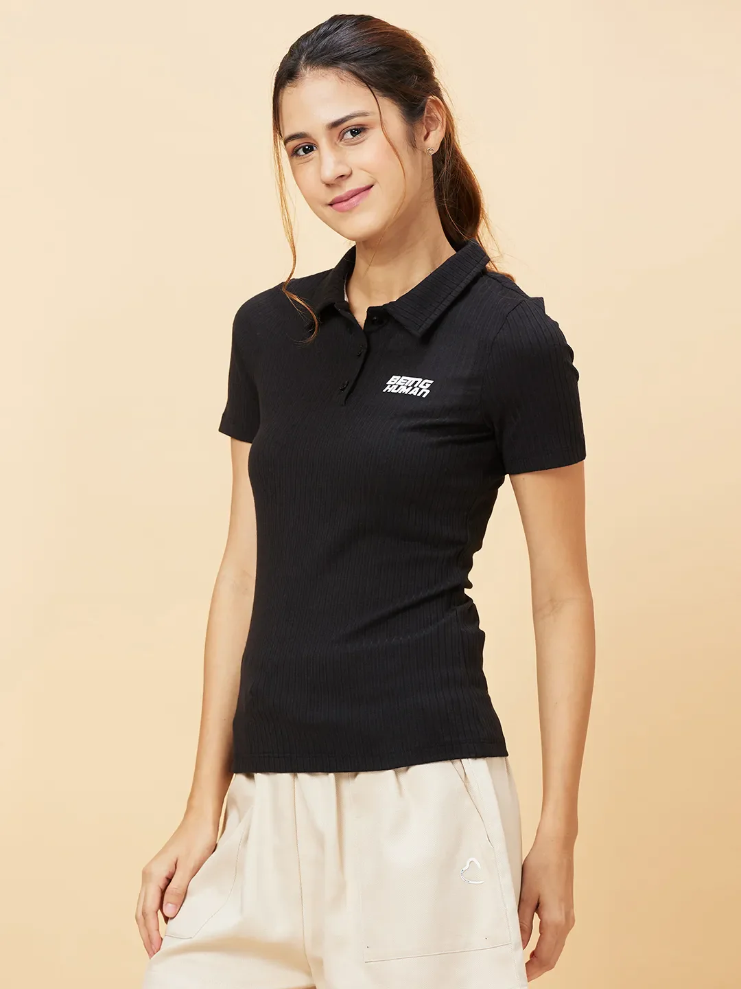 Black Slim Fit Women's Cotton T-Shirt By Being Human Clothing - Image 3