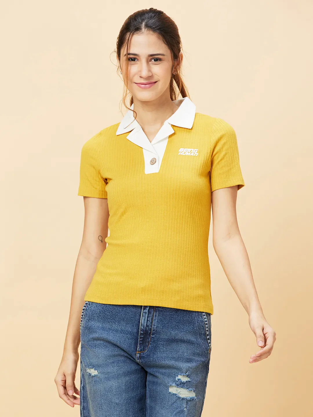 Golden Yellow Slim Fit Women's Cotton T-Shirt By Being Human Clothing