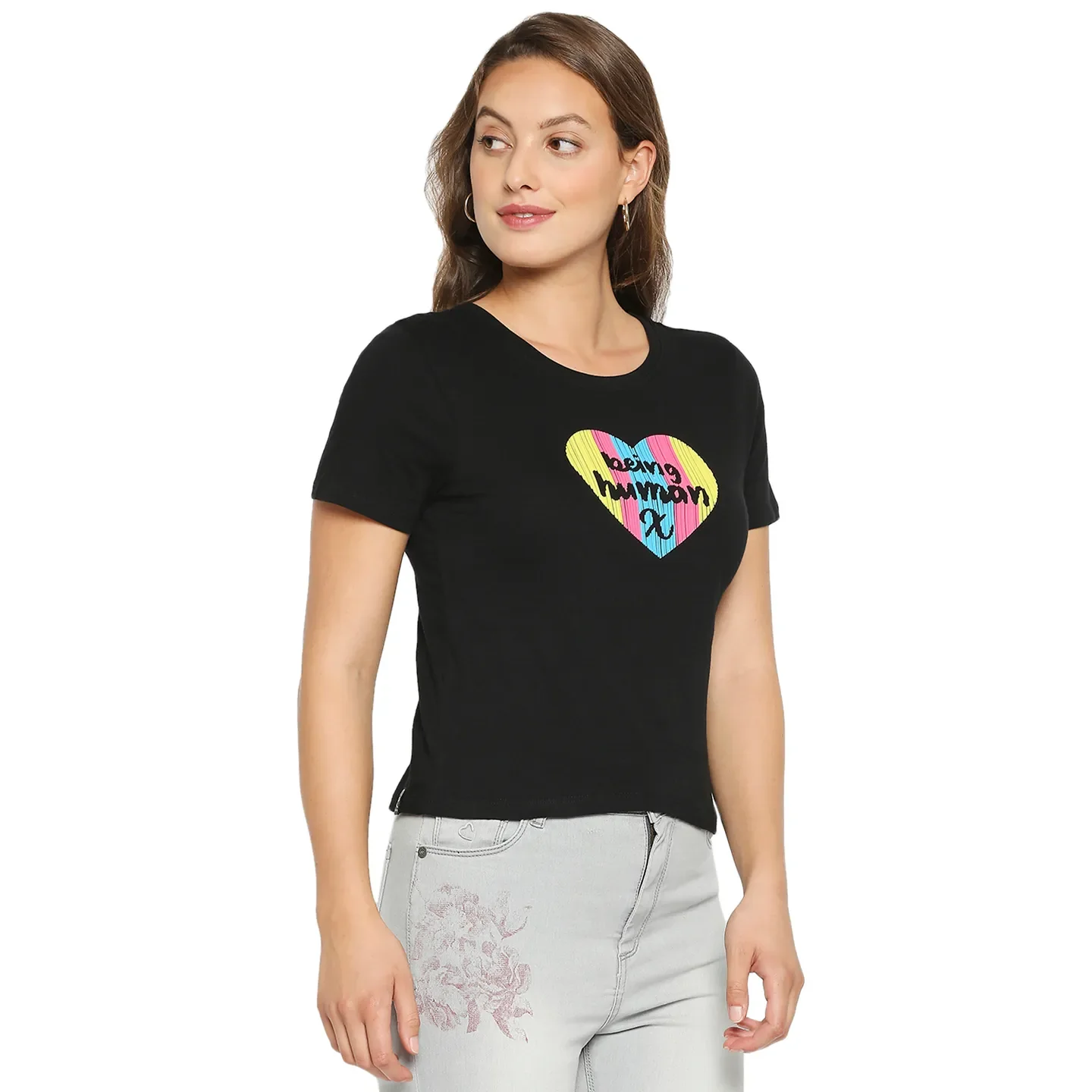 Black Regular Fit Round Neck Short Sleeves Cotton Women's T-Shirt by Being Human Clothing - Image 2