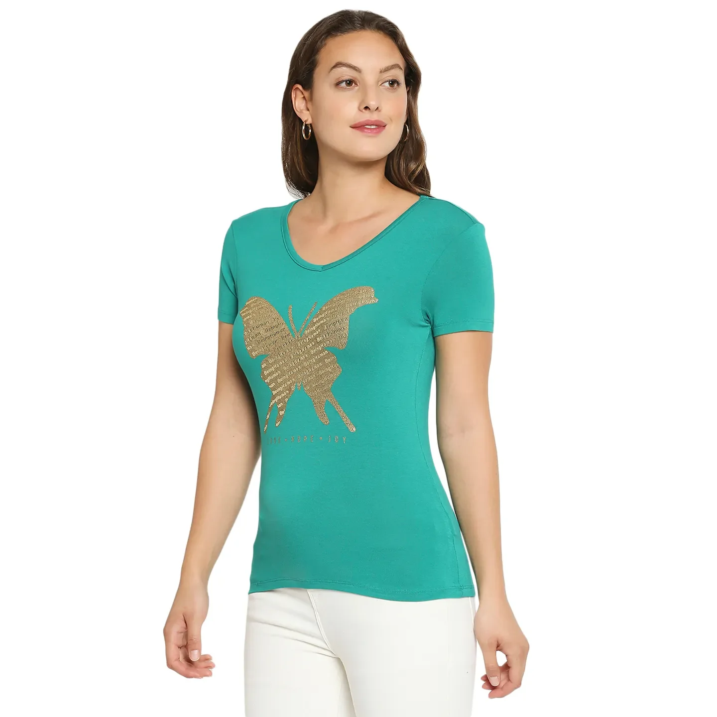 Green Regular Fit Round Neck Short Sleeves Cotton Women's T-Shirt by Being Human Clothing - Image 2