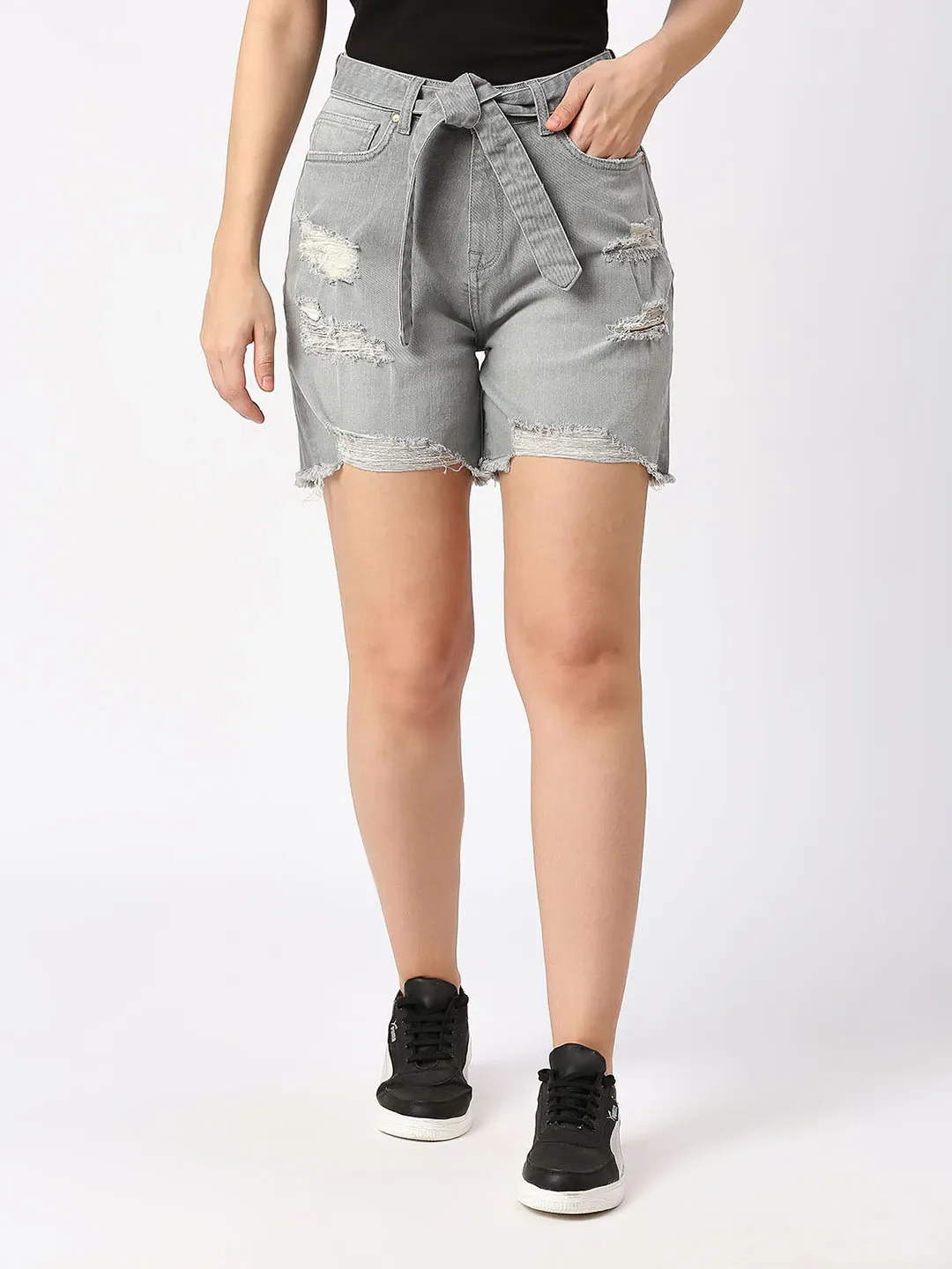 Grey High Rise Women's Cotton Shorts By Being Human Clothing
