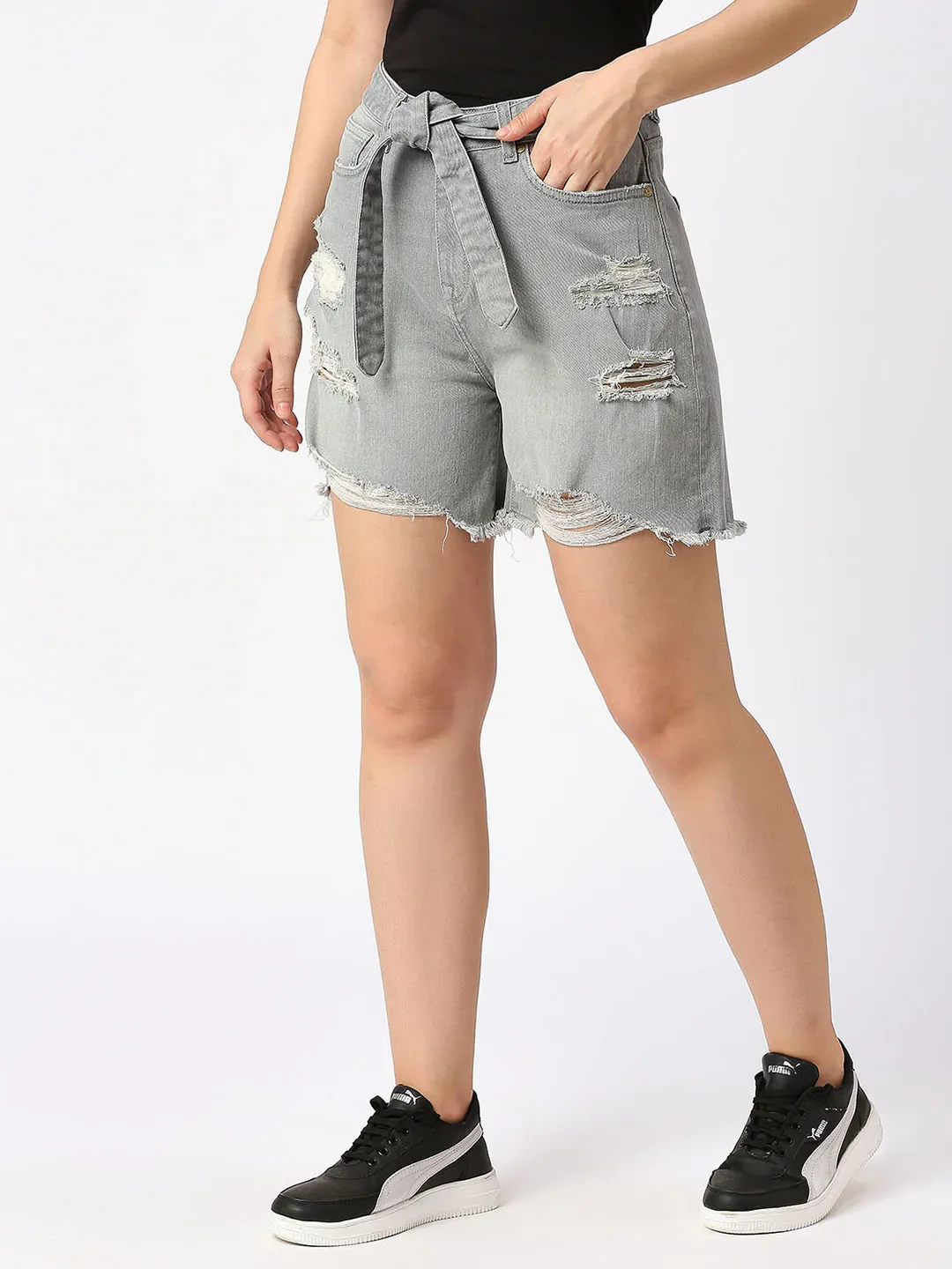 Grey High Rise Women's Cotton Shorts By Being Human Clothing - Image 6
