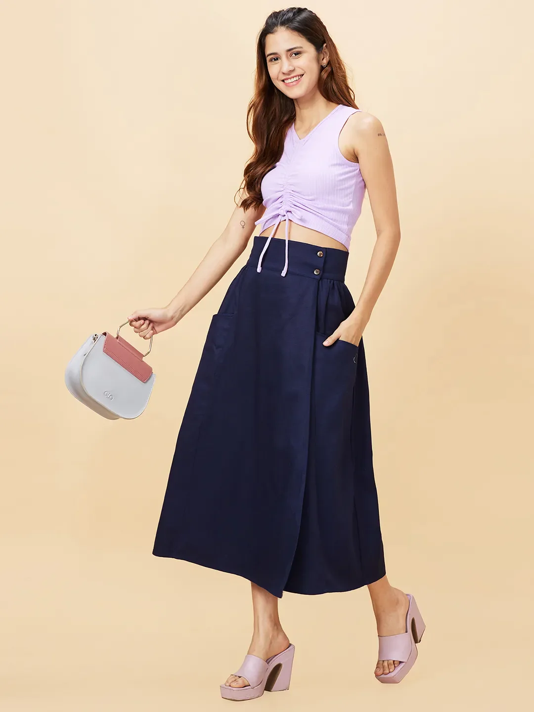 Blue Flared Regular Fit Women's Cotton Blend Skirt By Being Human Clothing - Image 6