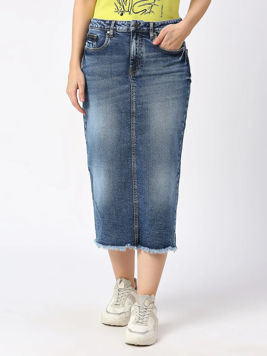 Blue Straight High Waist Women's Cotton Skirt By Being Human Clothing - Image 6