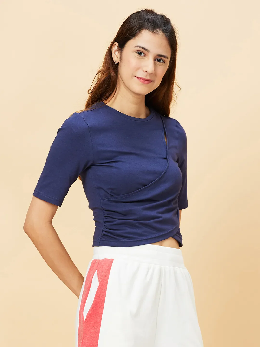 Blue Slim Fit Women's Cotton Cropped T-Shirt By Being Human Clothing - Image 3