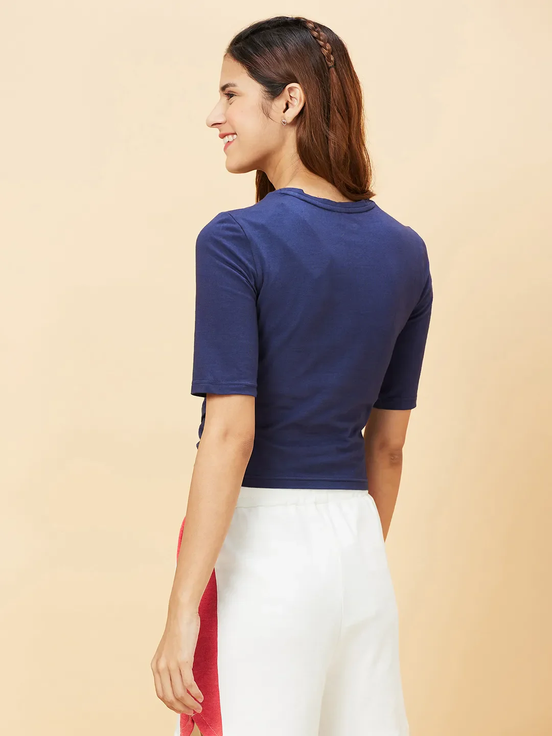 Blue Slim Fit Women's Cotton Cropped T-Shirt By Being Human Clothing - Image 4
