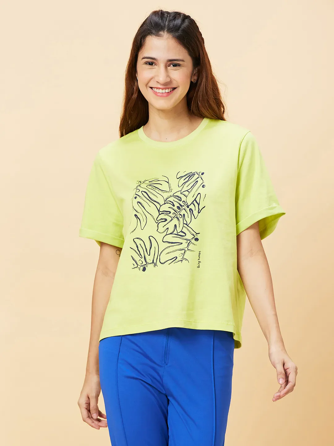 Green Relaxed Fit Women's Cotton T-Shirt By Being Human Clothing