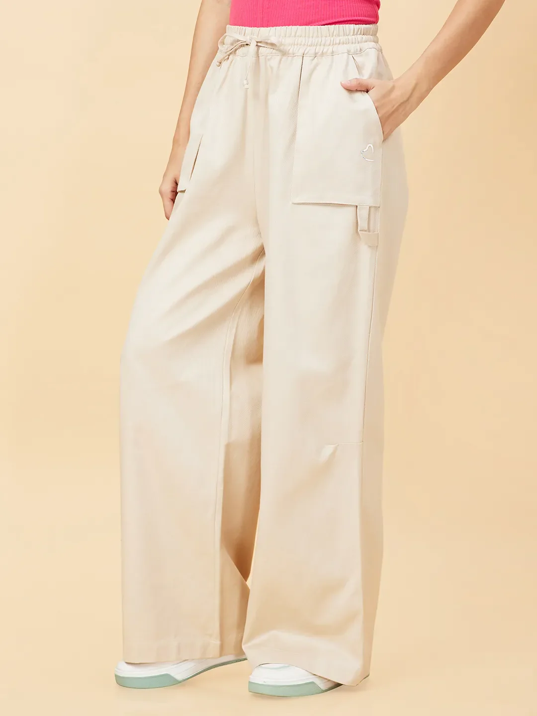 Off White Flared Regular Fit Women's Cotton Blend Track Pants By Being Human Clothing - Image 3