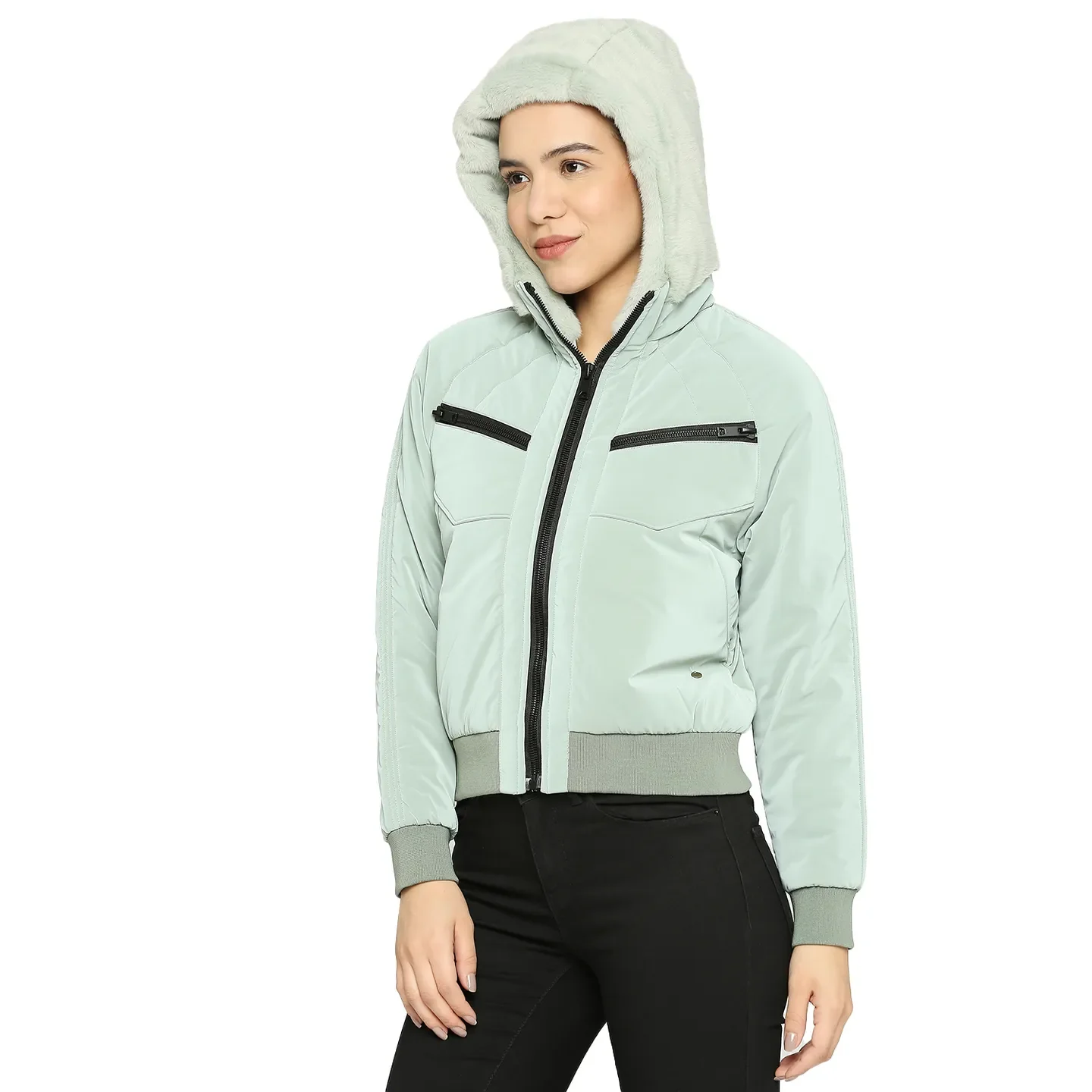 Green Boxy Bomber Fit Long Sleeves Polyester Women's Jacket by Being Human Clothing - Image 2