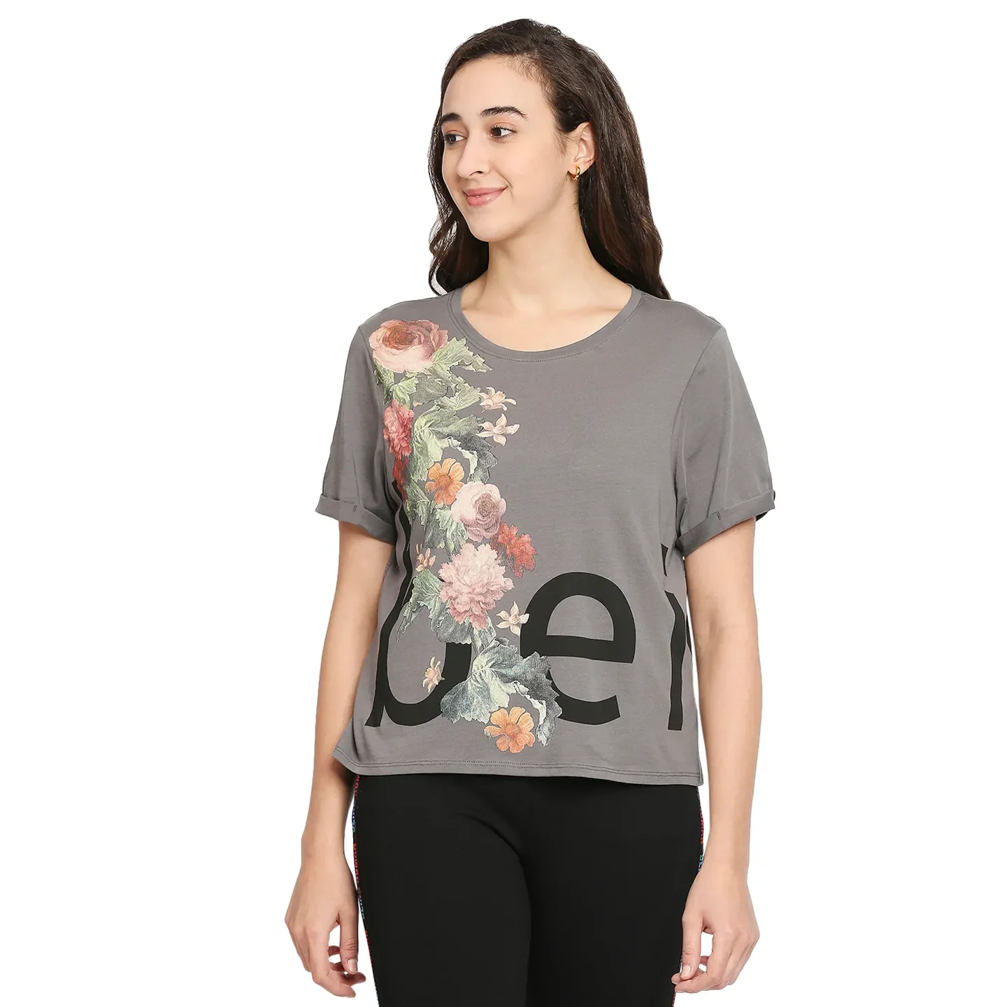 Grey Boxy Crop Fit Round Neck Short Sleeves Cotton Women's T-Shirt by Being Human Clothing
