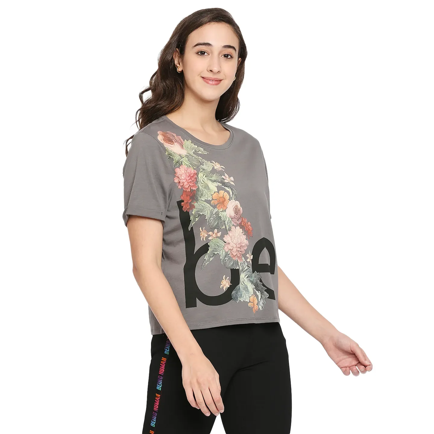 Grey Boxy Crop Fit Round Neck Short Sleeves Cotton Women's T-Shirt by Being Human Clothing - Image 3
