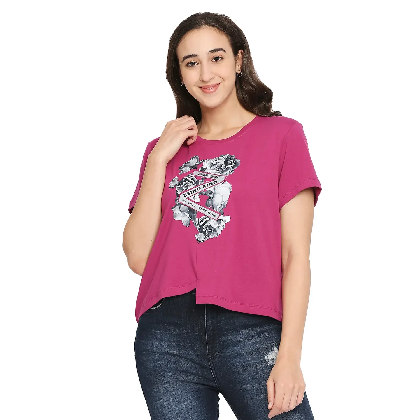 Fuchsia Boxy Fit Women's Cotton T-Shirt By Being Human Clothing