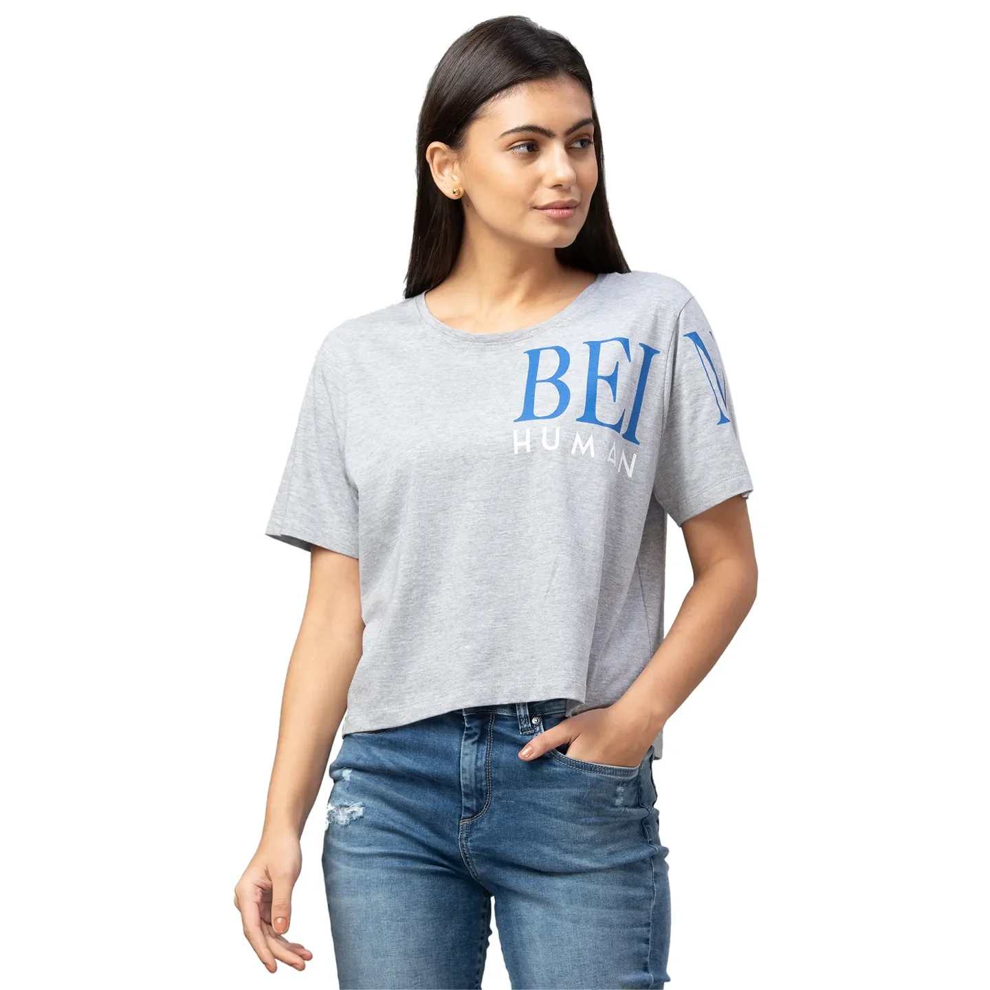 Grey Boxy Fit Women's Cotton T-Shirt By Being Human Clothing