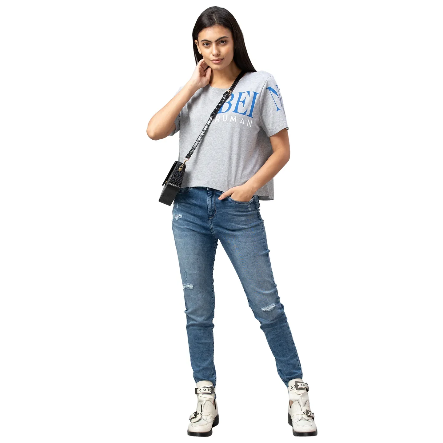 Grey Boxy Fit Women's Cotton T-Shirt By Being Human Clothing - Image 5
