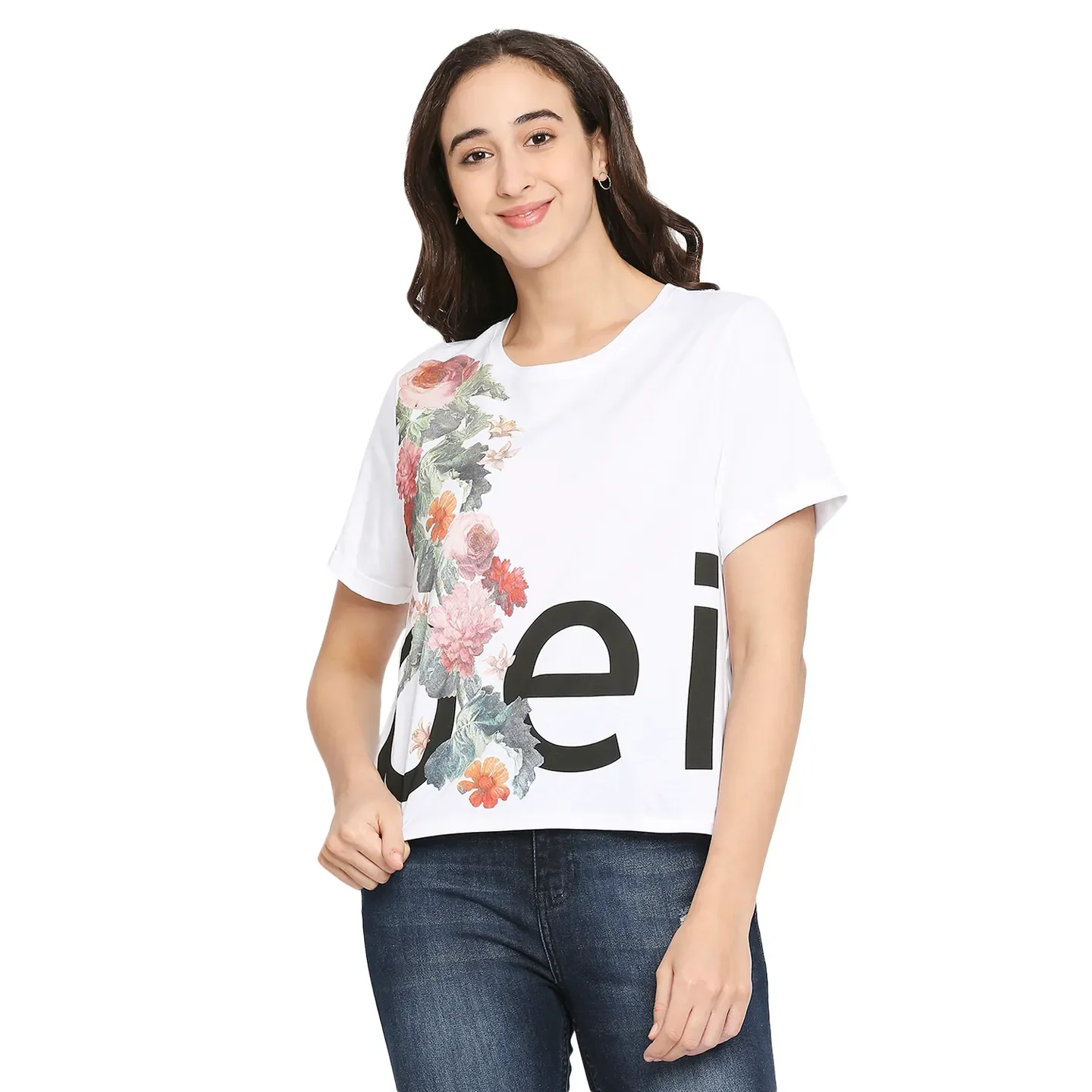 White Boxy Crop Fit Round Neck Short Sleeves Cotton Women's T-Shirt by Being Human Clothing