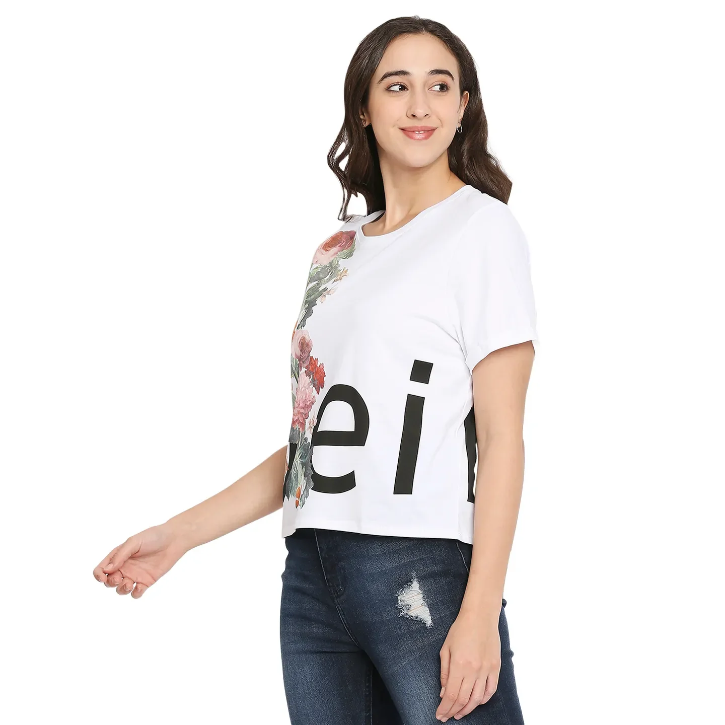 White Boxy Crop Fit Round Neck Short Sleeves Cotton Women's T-Shirt by Being Human Clothing - Image 2