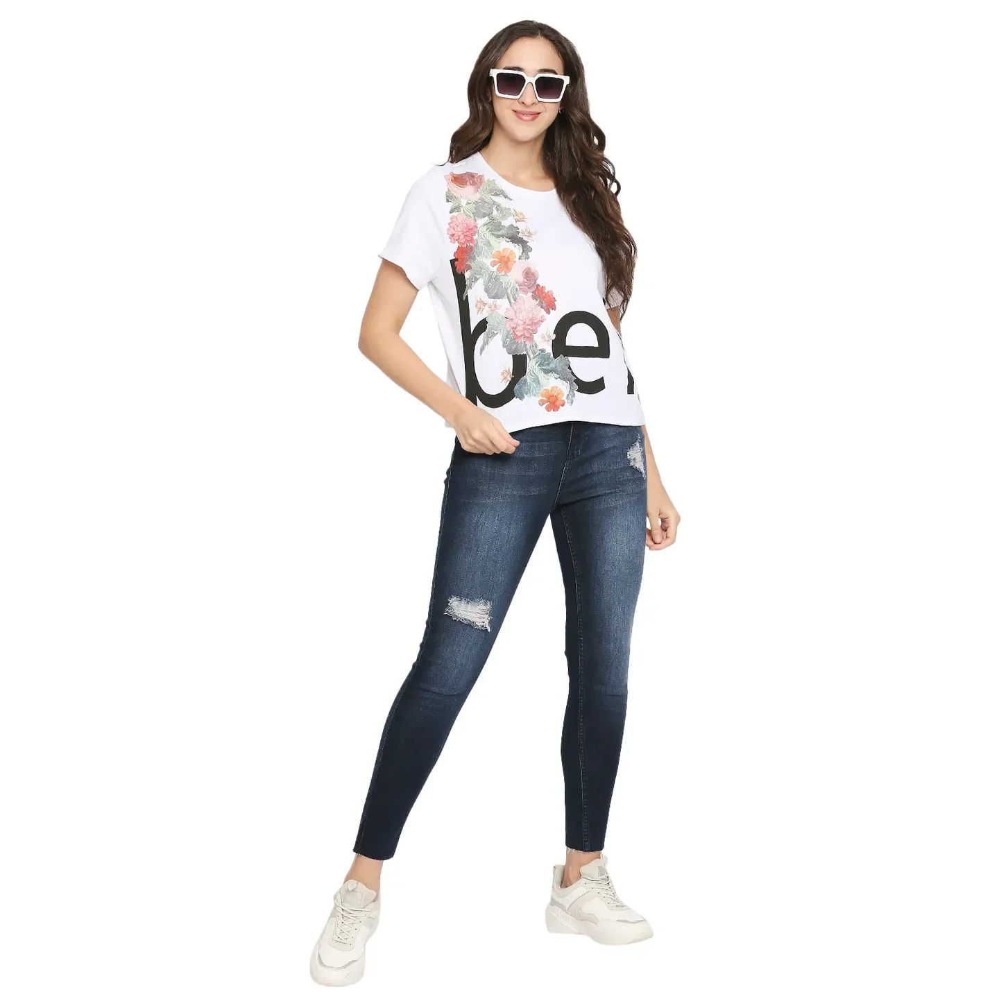 White Boxy Crop Fit Round Neck Short Sleeves Cotton Women's T-Shirt by Being Human Clothing - Image 6