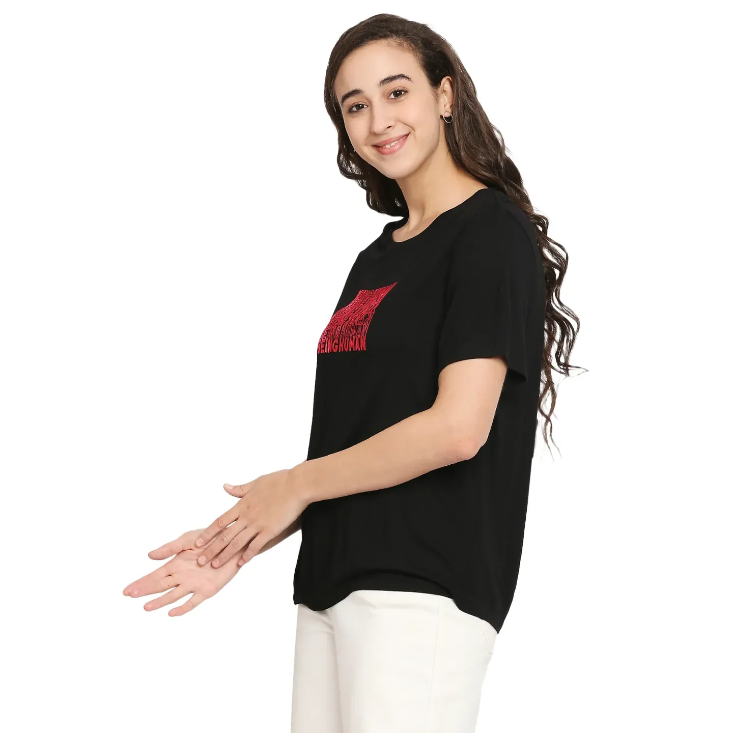 Black Boxy Fit Round Neck Short Sleeves Cotton Women's T-Shirt by Being Human Clothing - Image 2