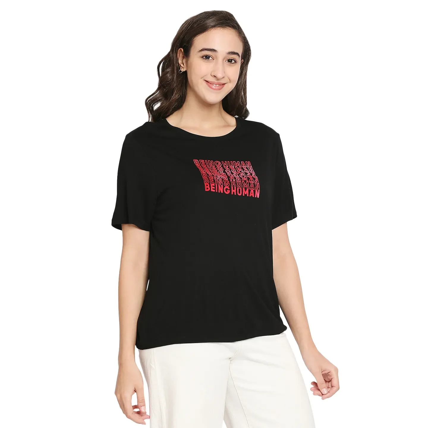 Black Boxy Fit Round Neck Short Sleeves Cotton Women's T-Shirt by Being Human Clothing - Image 3