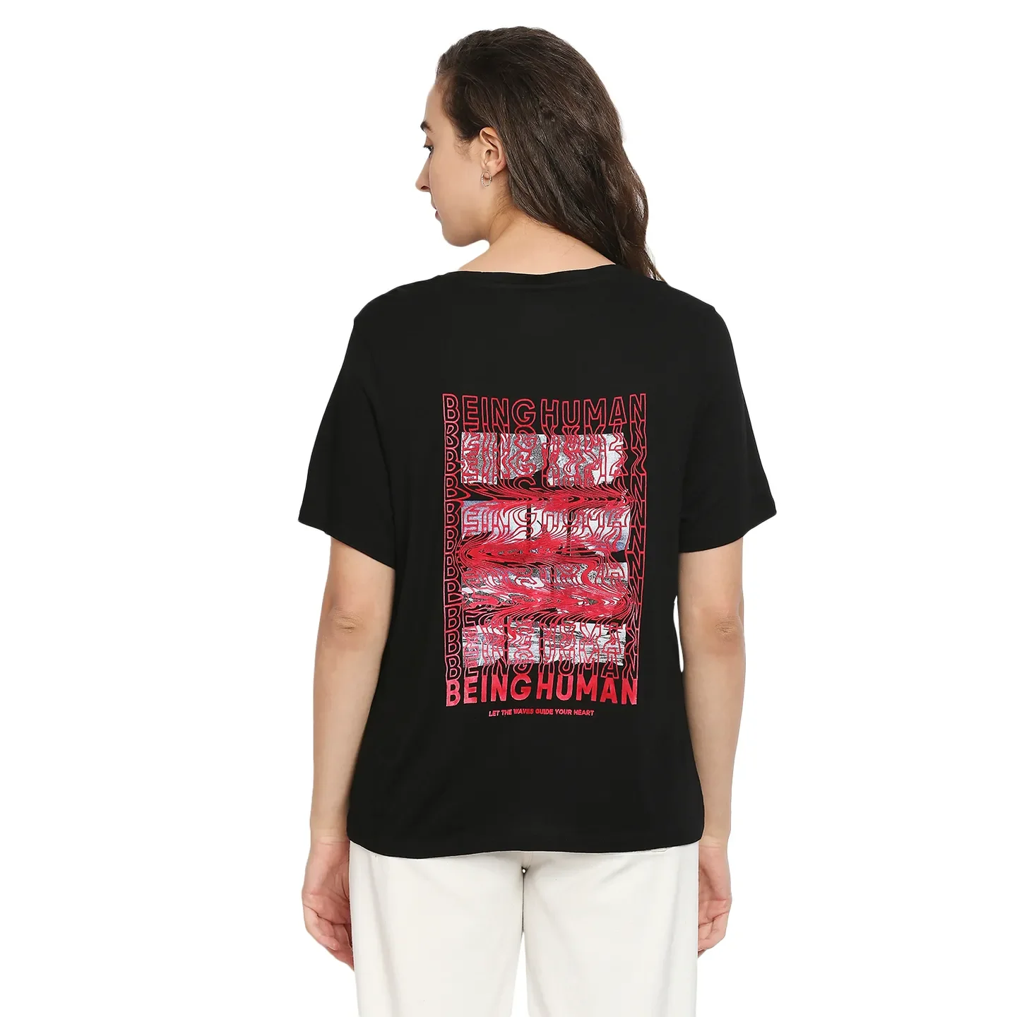 Black Boxy Fit Round Neck Short Sleeves Cotton Women's T-Shirt by Being Human Clothing - Image 4