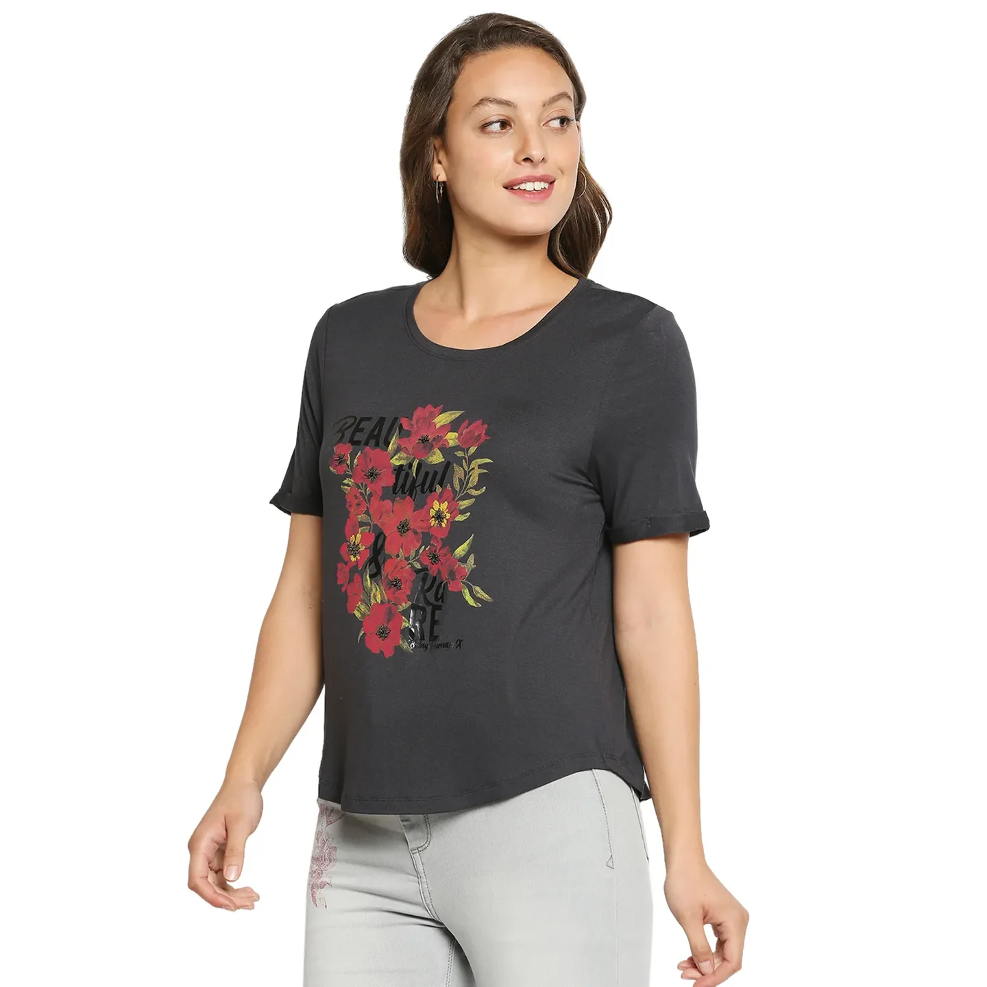 Grey Boxy Fit Round Neck Short Sleeves Modal Lycra Women's T-Shirt by Being Human Clothing - Image 2