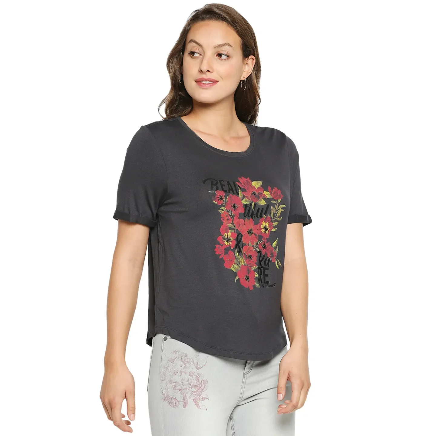 Grey Boxy Fit Round Neck Short Sleeves Modal Lycra Women's T-Shirt by Being Human Clothing - Image 4