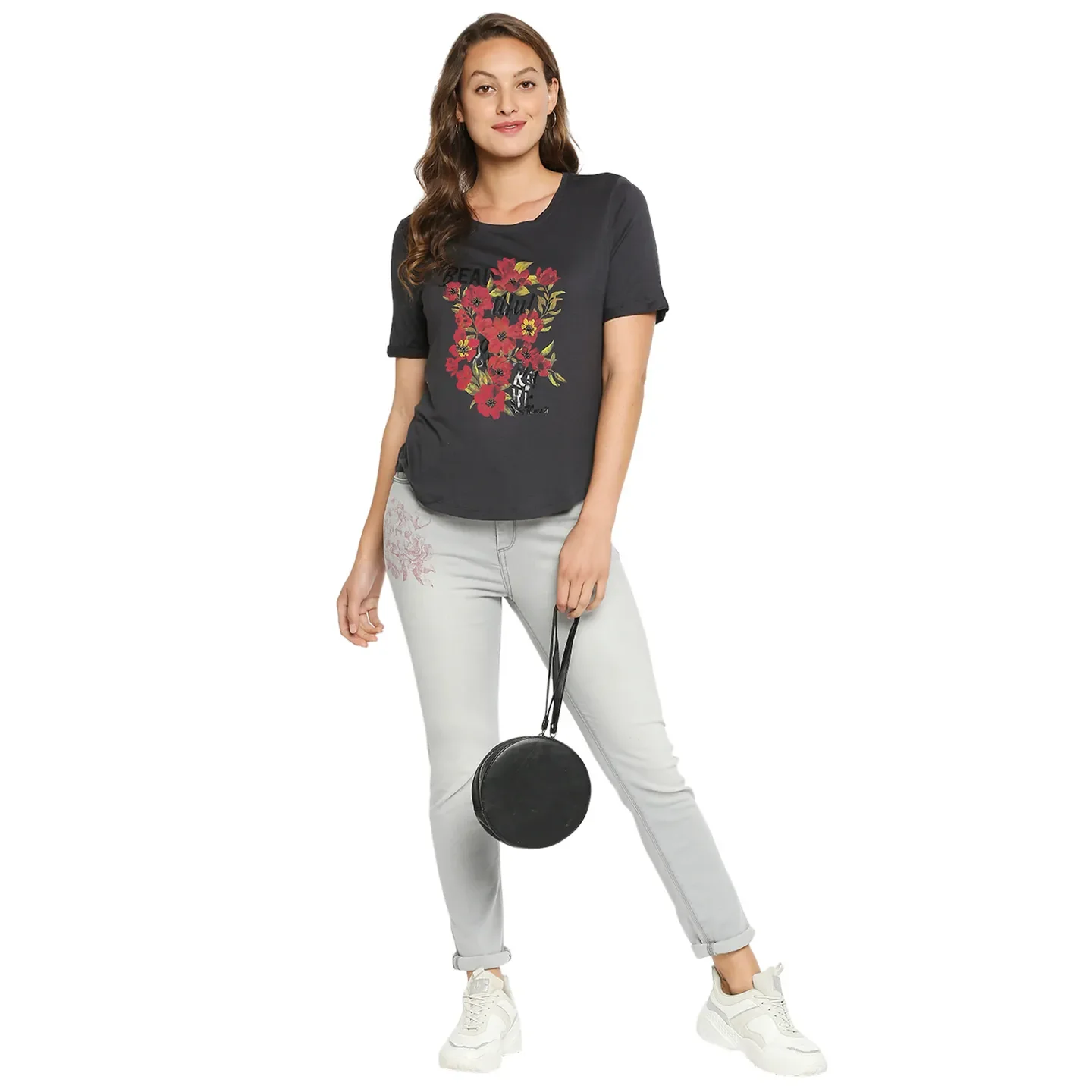 Grey Boxy Fit Round Neck Short Sleeves Modal Lycra Women's T-Shirt by Being Human Clothing - Image 5