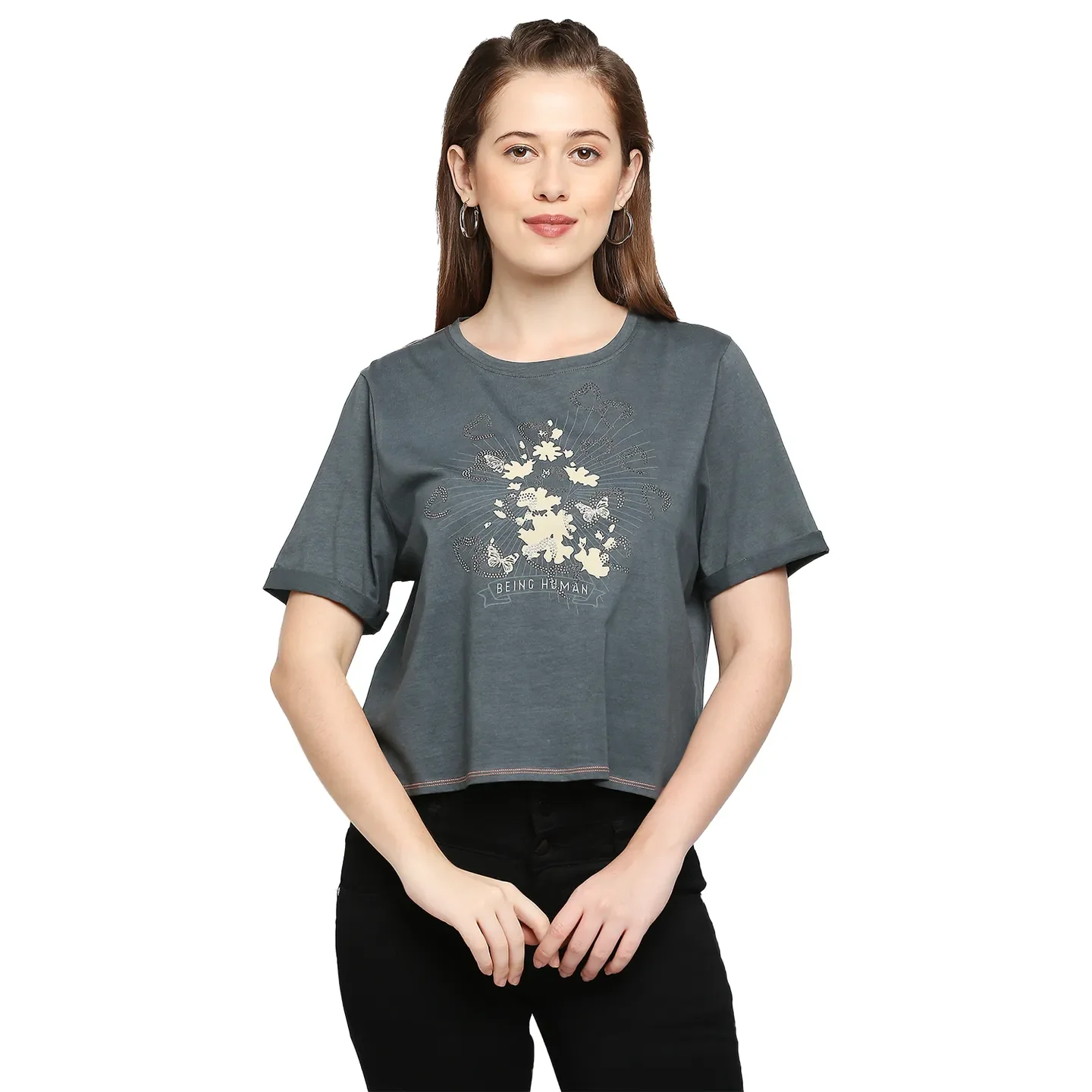 Grey Boxy Crop Fit Round Neck Short Sleeves Cotton Women's T-Shirt by Being Human Clothing
