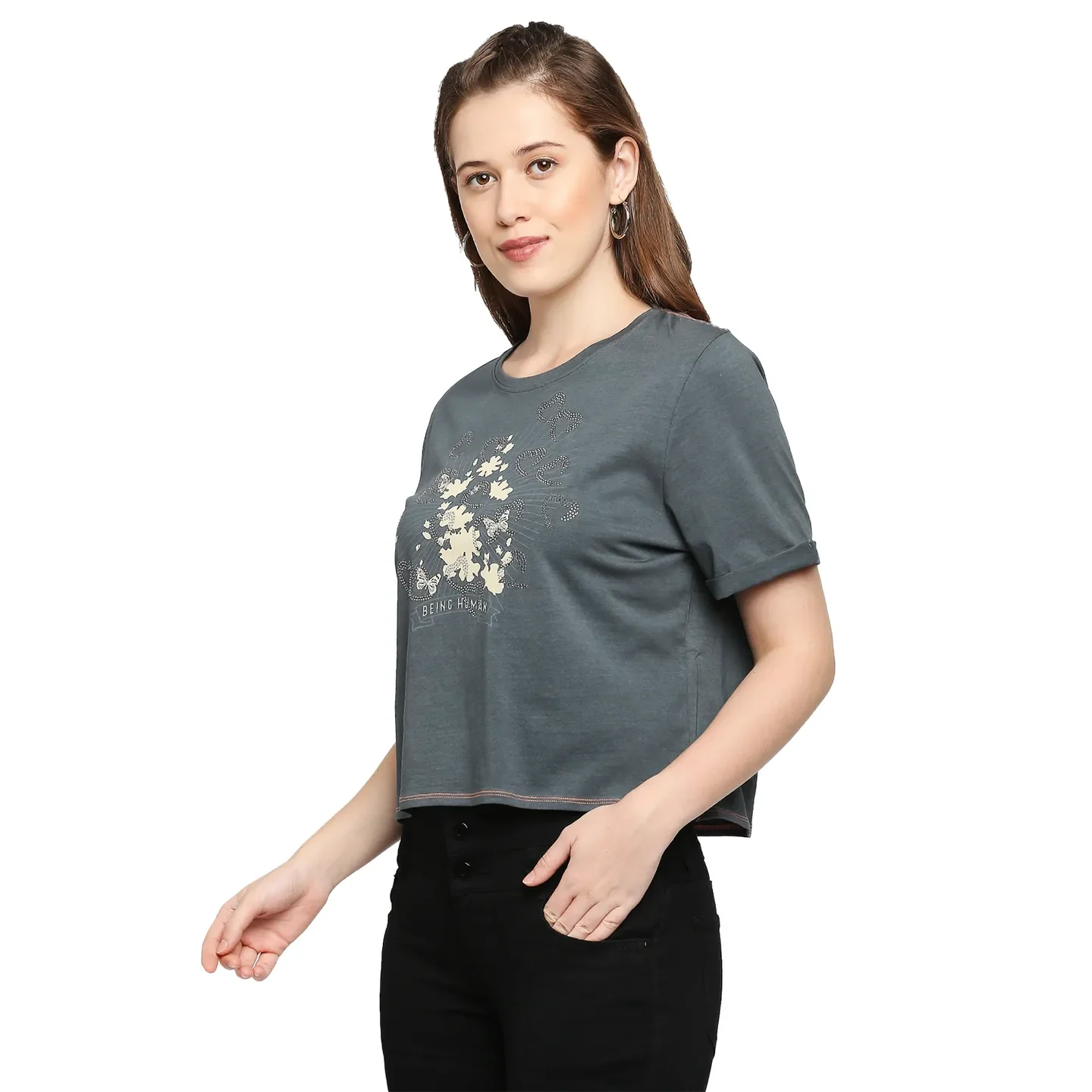 Grey Boxy Crop Fit Round Neck Short Sleeves Cotton Women's T-Shirt by Being Human Clothing - Image 2