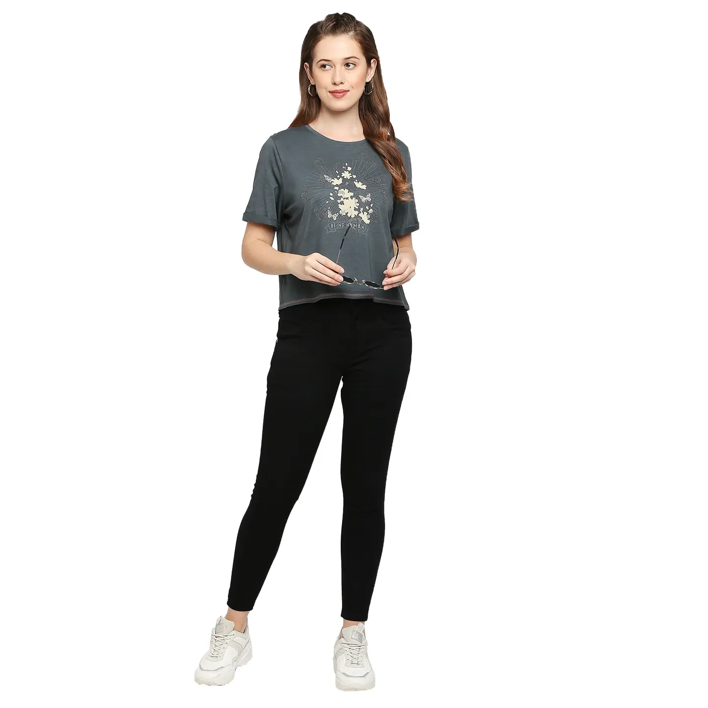 Grey Boxy Crop Fit Round Neck Short Sleeves Cotton Women's T-Shirt by Being Human Clothing - Image 6