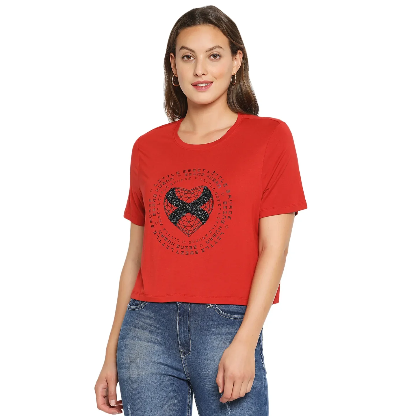 Red Boxy Fit Round Neck Short Sleeves Cotton Women's T-Shirt by Being Human Clothing - Image 3