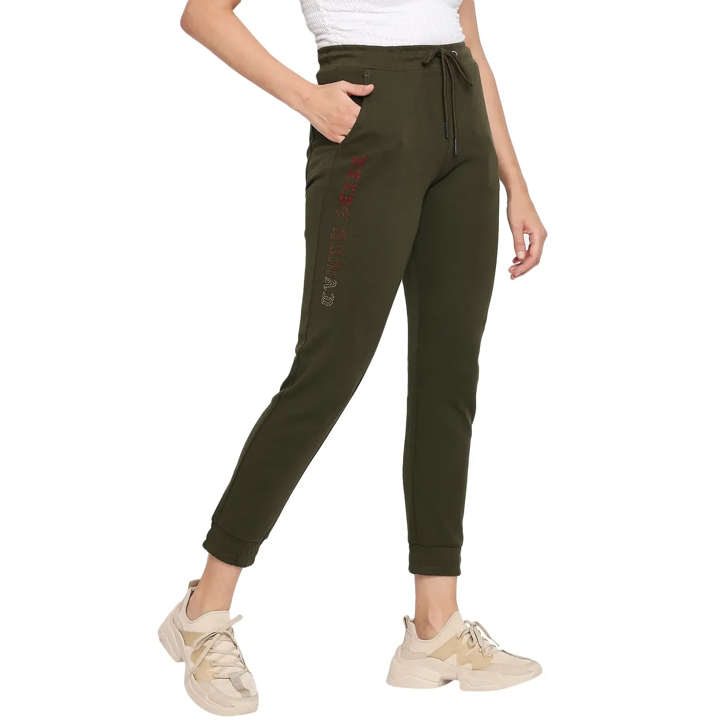 Olive Boxy Fit Women's Cotton Blend Track Pants By Being Human Clothing - Image 3
