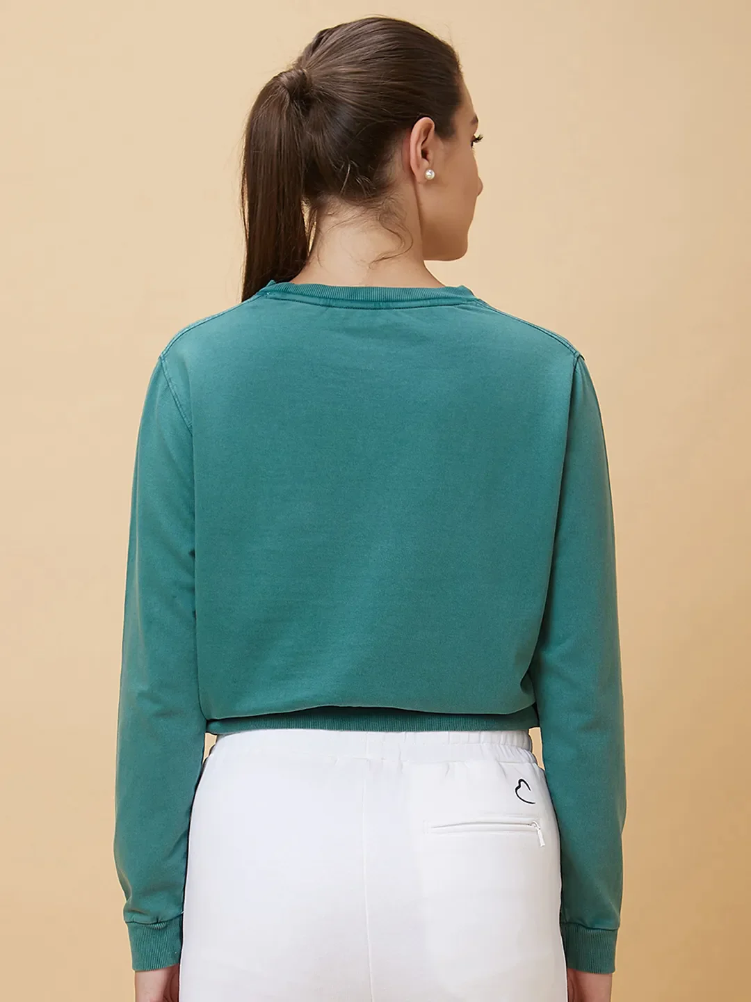 Green Boxy Fit Women's Cotton Cropped Sweatshirt By Being Human Clothing - Image 3