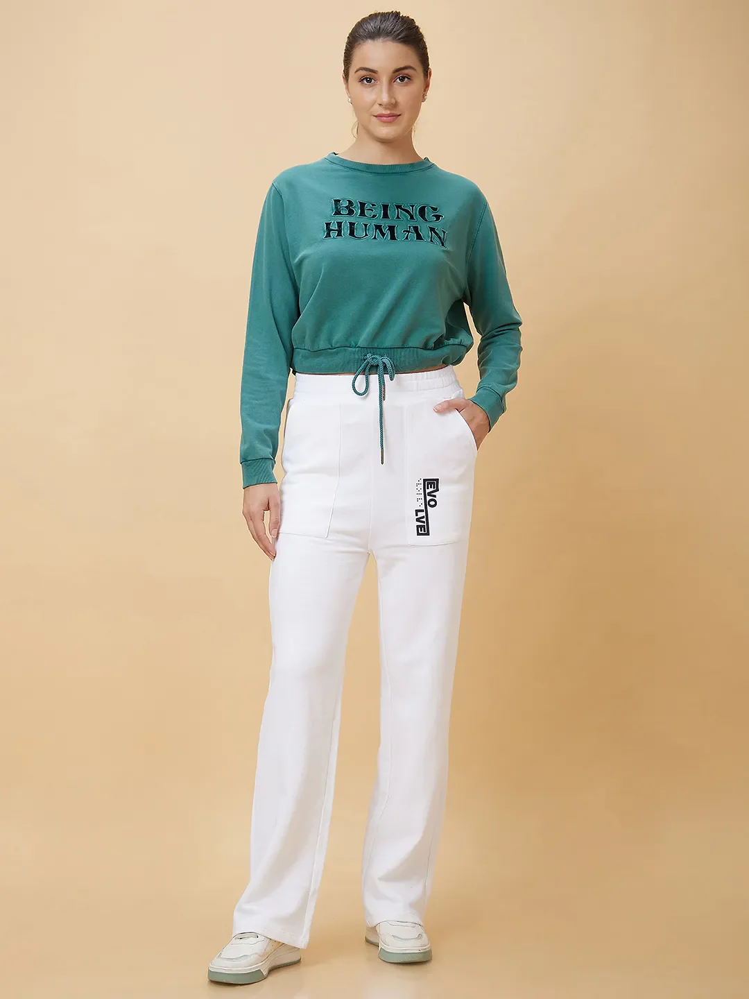 Green Boxy Fit Women's Cotton Cropped Sweatshirt By Being Human Clothing - Image 6