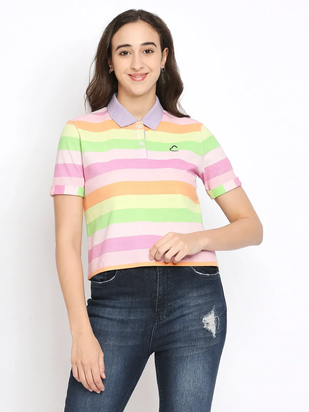 Pink Boxy Crop Fit Polo Collar Short Sleeves Cotton Women's T-Shirt by Being Human Clothing
