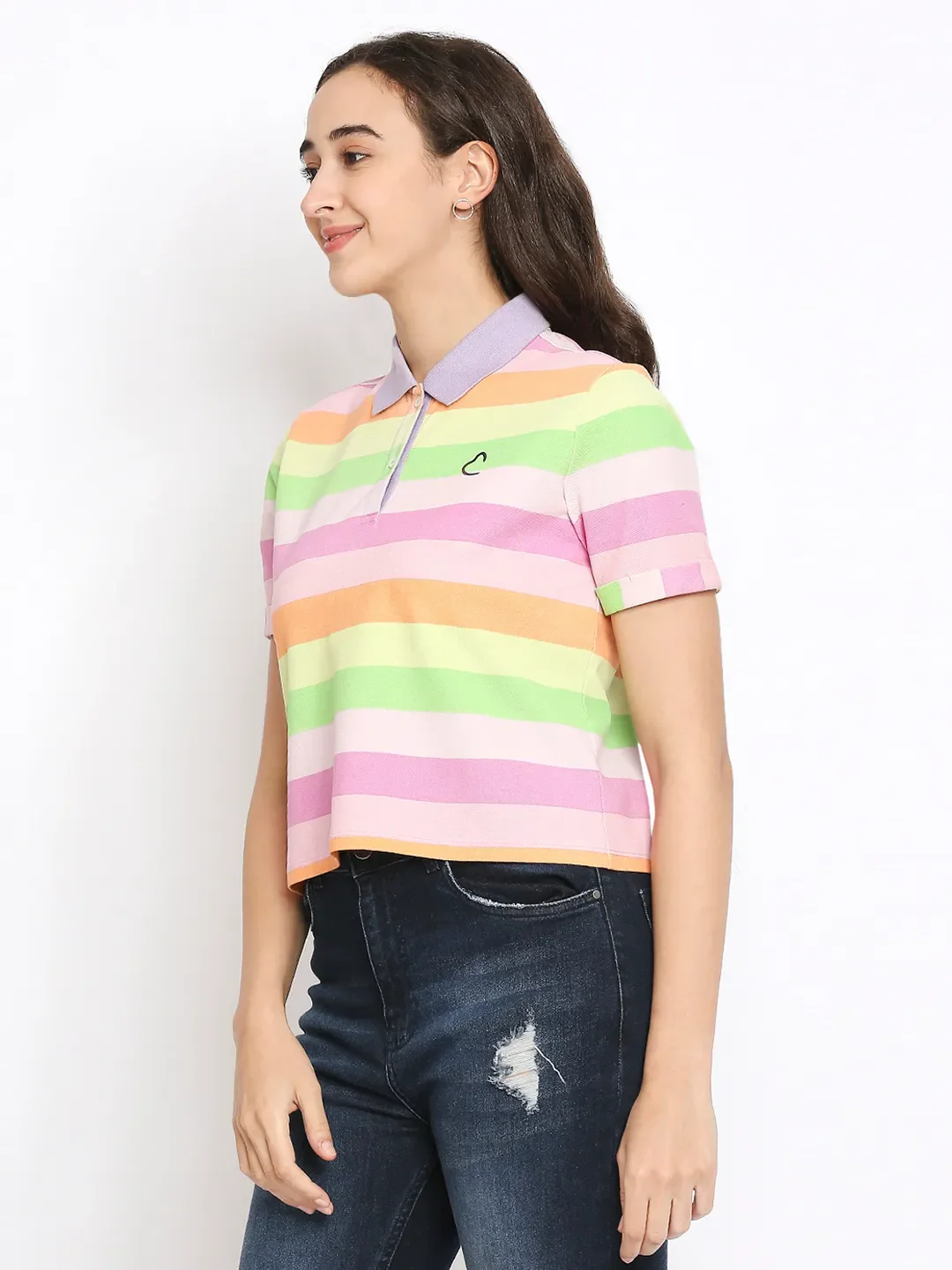 Pink Boxy Crop Fit Polo Collar Short Sleeves Cotton Women's T-Shirt by Being Human Clothing - Image 2