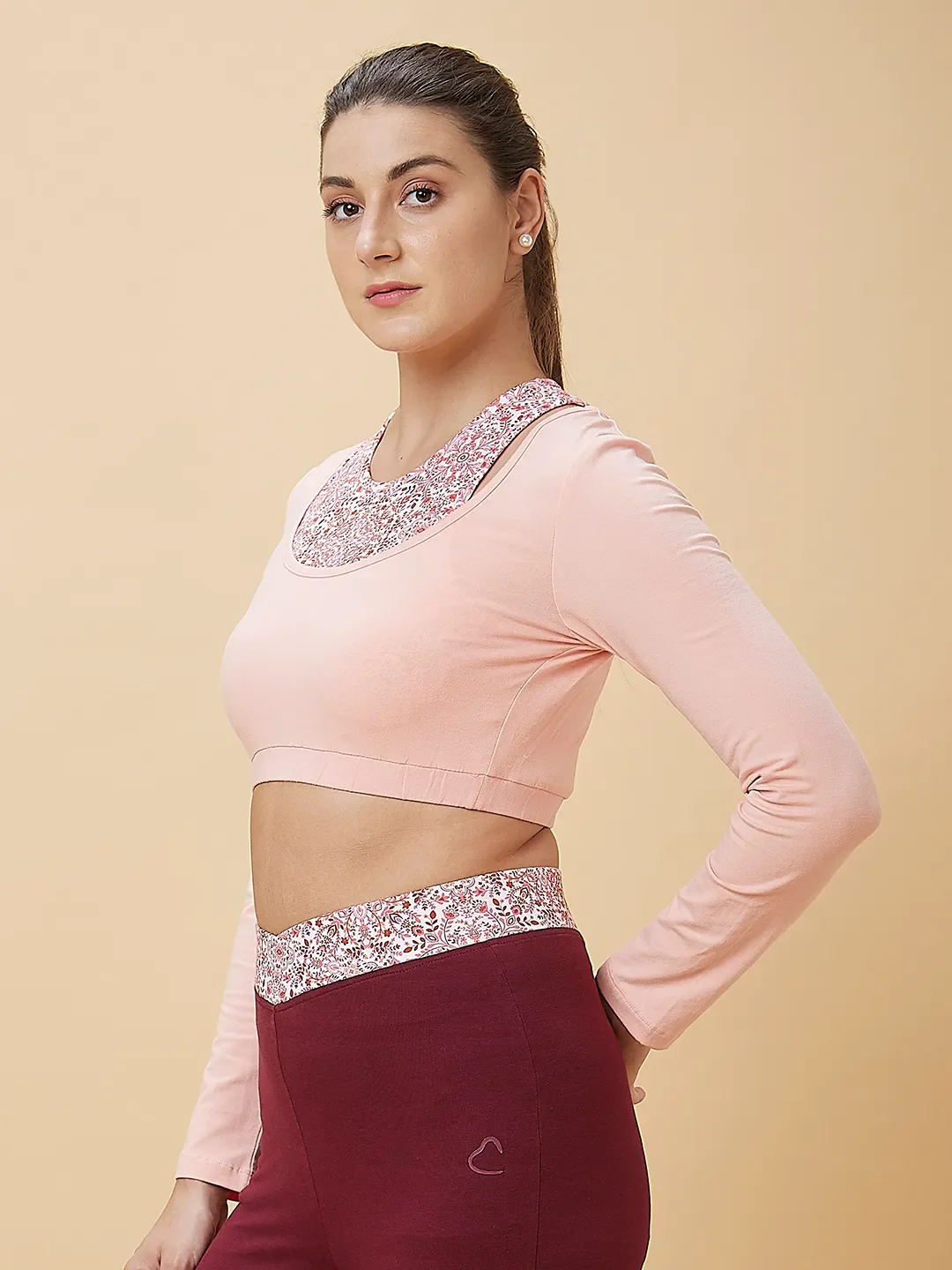 Pink Slim Fit Women's Long Sleeve Cropped T-Shirt By Being Human Clothing - Image 4
