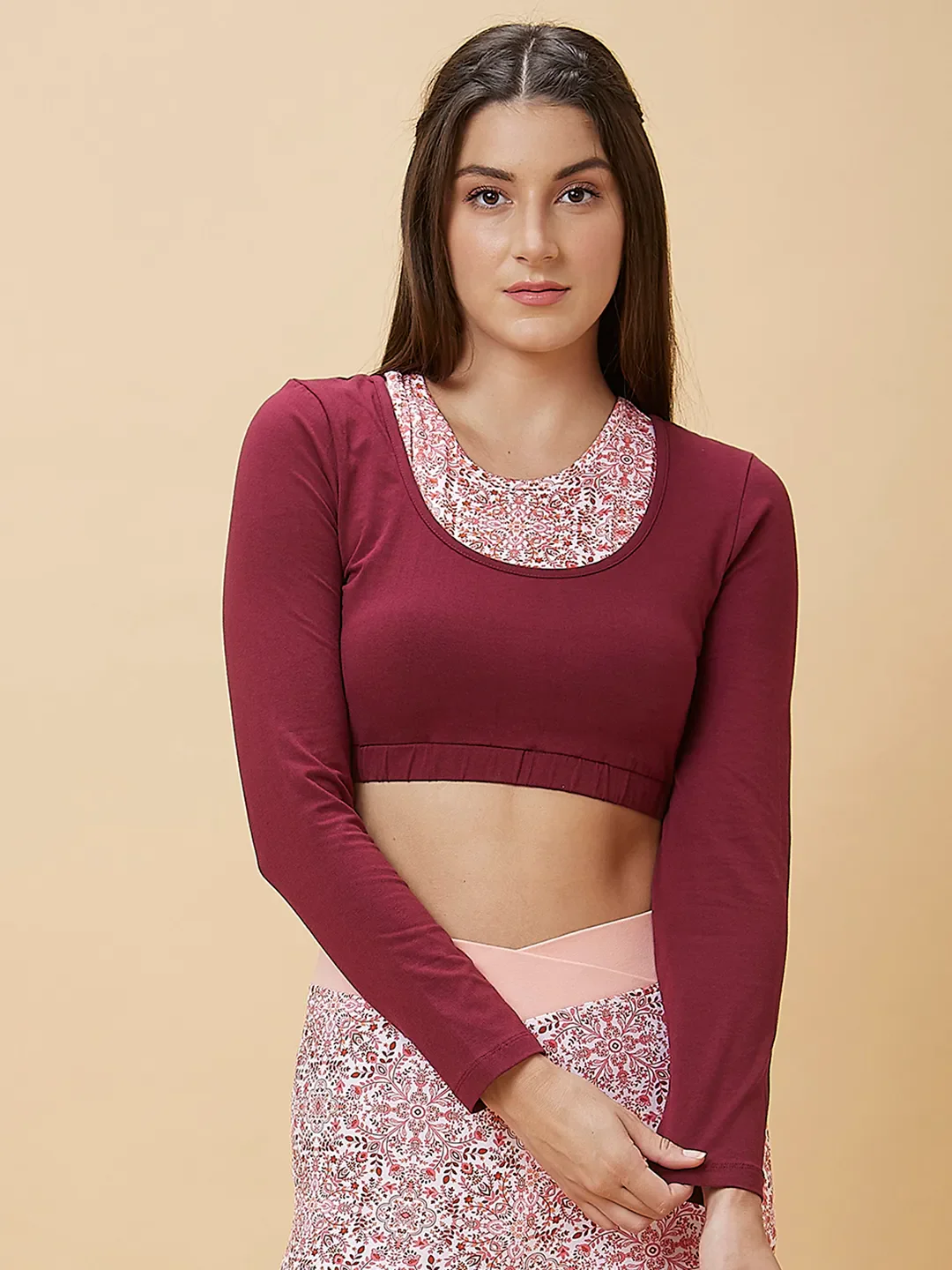 Maroon Slim Fit Women's Long Sleeve Cropped T-Shirt By Being Human Clothing