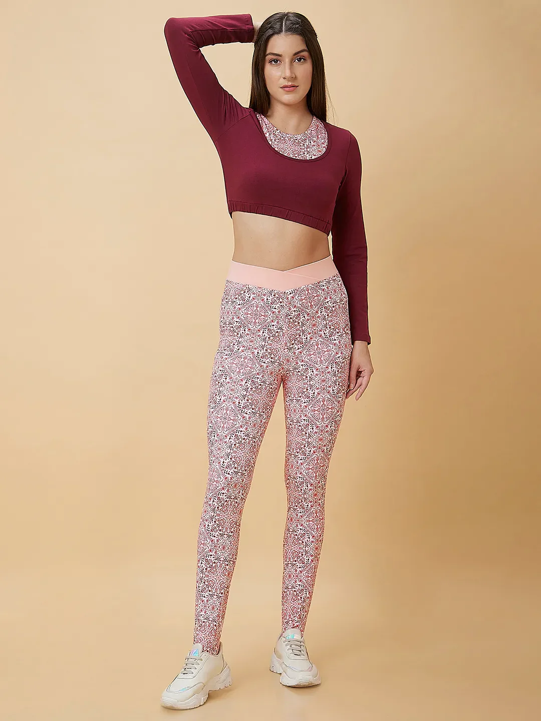 Maroon Slim Fit Women's Long Sleeve Cropped T-Shirt By Being Human Clothing - Image 2