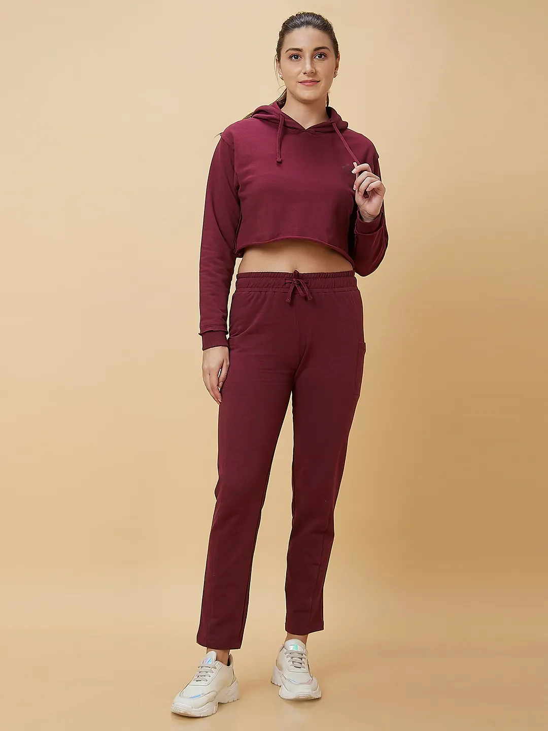 Maroon Boxy Fit Long Sleeve Women's Cropped Hoodie By Being Human Clothing - Image 2