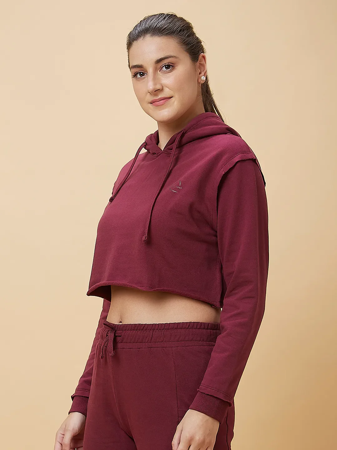 Maroon Boxy Fit Long Sleeve Women's Cropped Hoodie By Being Human Clothing - Image 4