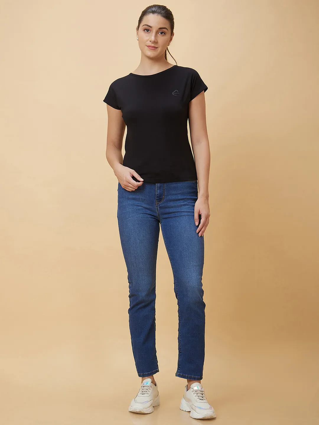 Black Drop Shoulder Basic Fit Round Neck Short Sleeves Cotton Women's T-Shirt by Being Human Clothing - Image 2