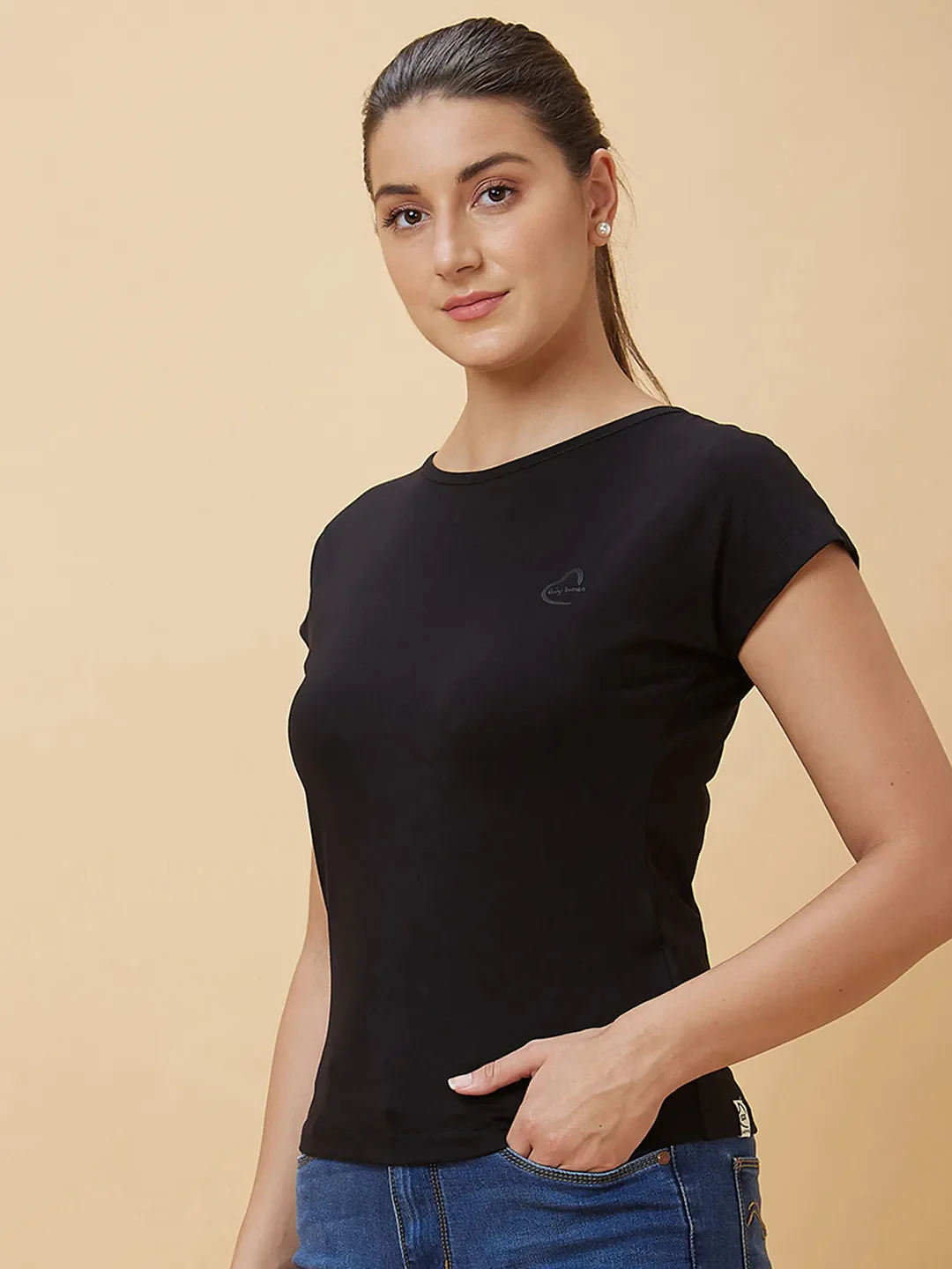 Black Drop Shoulder Basic Fit Round Neck Short Sleeves Cotton Women's T-Shirt by Being Human Clothing - Image 4