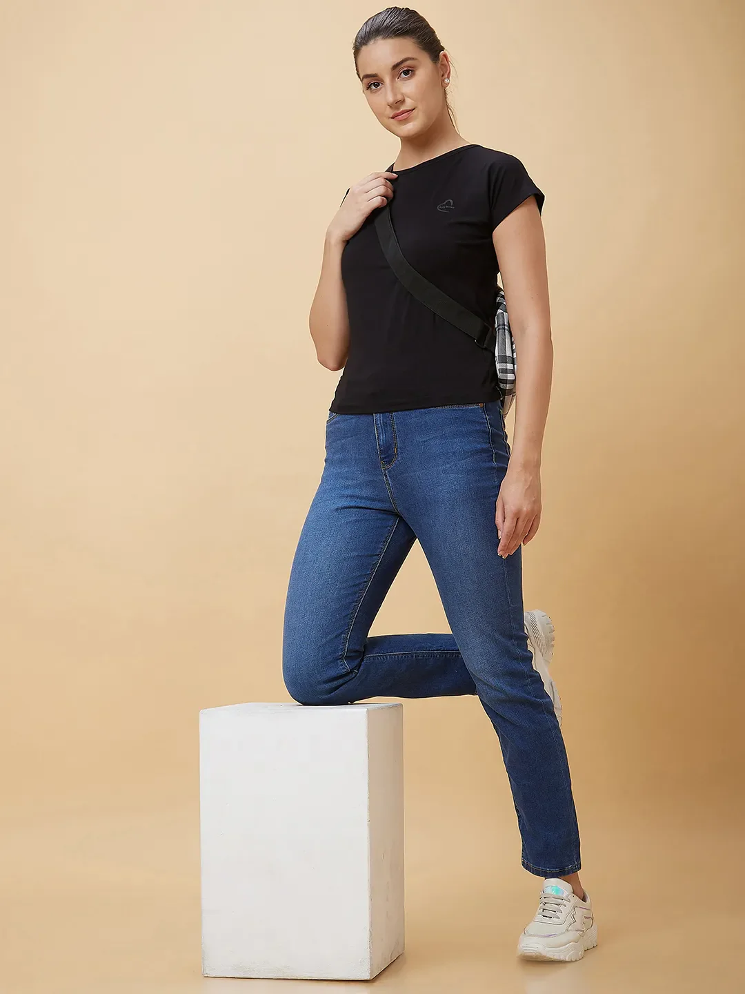 Black Drop Shoulder Basic Fit Round Neck Short Sleeves Cotton Women's T-Shirt by Being Human Clothing - Image 6