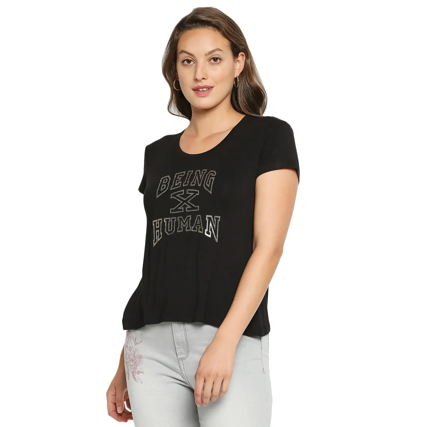Black Easy Fit Round Neck Short Sleeves Cotton Women's T-Shirt by Being Human Clothing
