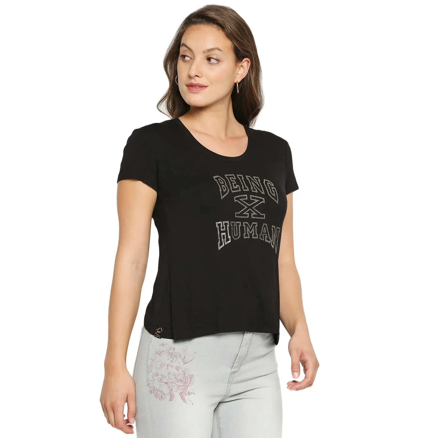 Black Easy Fit Round Neck Short Sleeves Cotton Women's T-Shirt by Being Human Clothing - Image 4